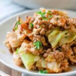 Low Carb Pork and Cabbage Skillet on a white plate