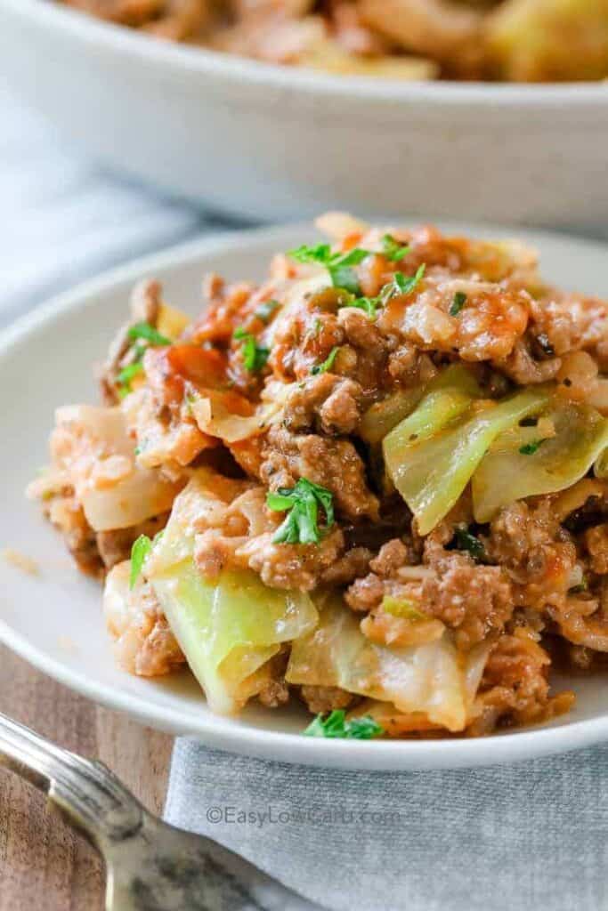 Low Carb Pork and Cabbage Skillet on a white plate