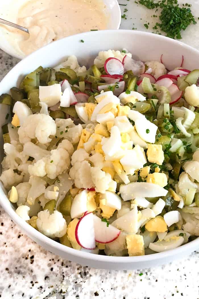 ingredients for Cauliflower Potato Salad in a bowl