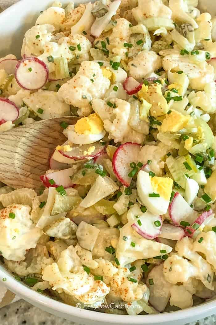 close up of Cauliflower Potato Salad in a bowl