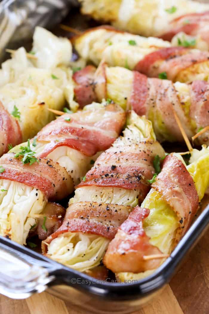 Bacon Wrapped Cabbage in a glass tray