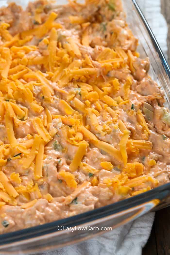 Buffalo Chicken Dip unbaked in a pan