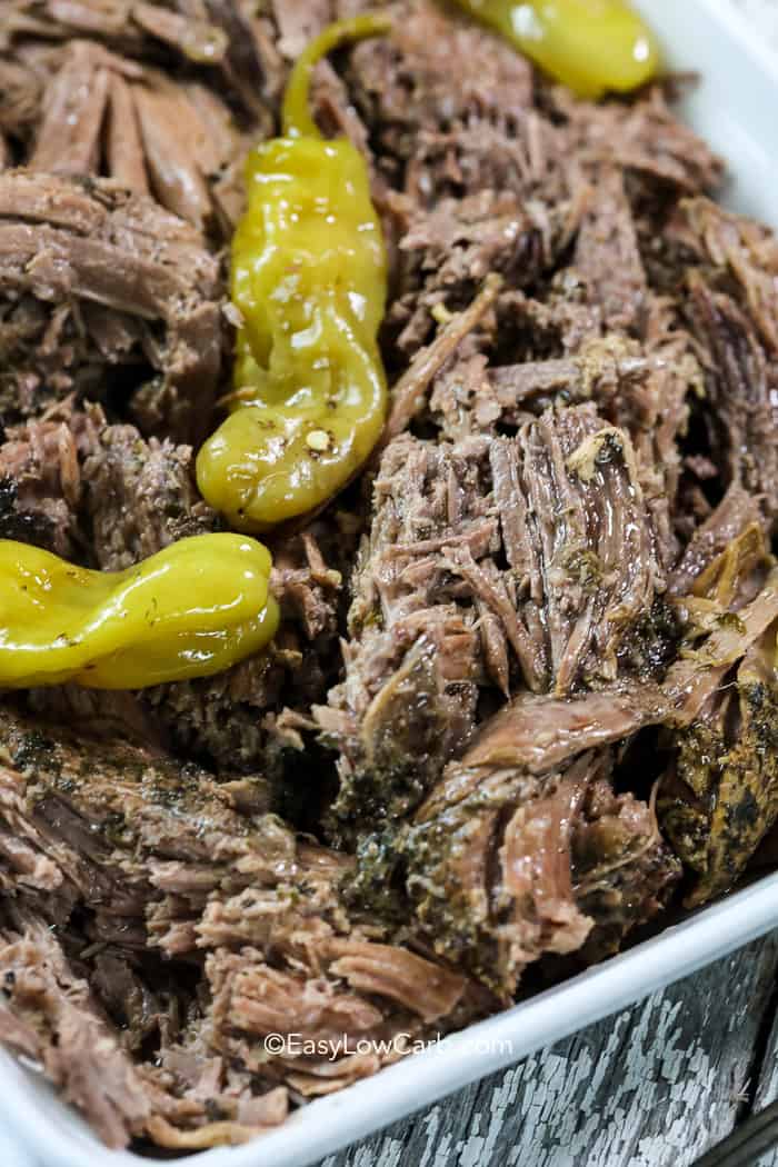 closeup of Low Carb Mississippi Pot Roast with peppers