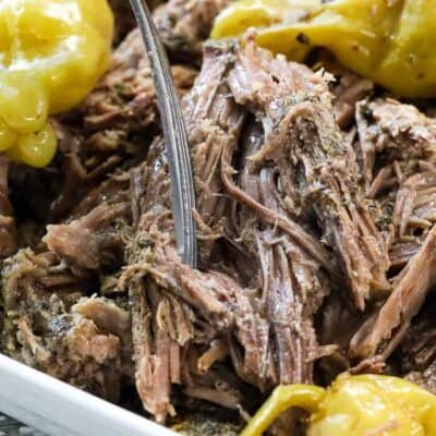 Low Carb Mississippi Pot Roast with peppers in a baking dish