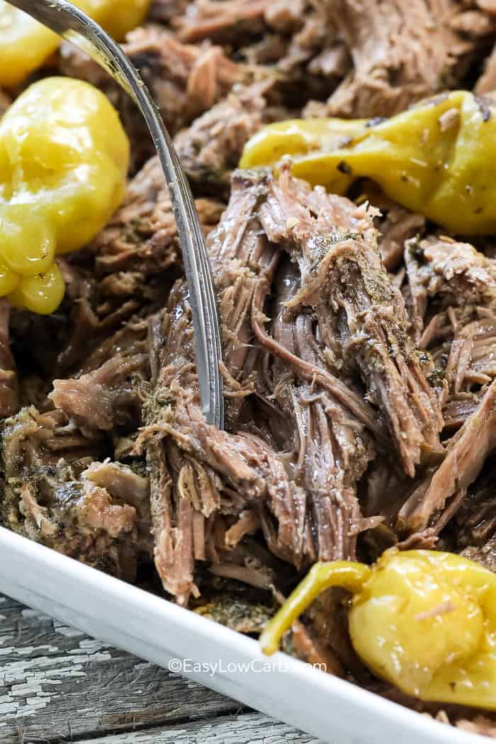 Low Carb Mississippi Pot Roast with peppers in a baking dish