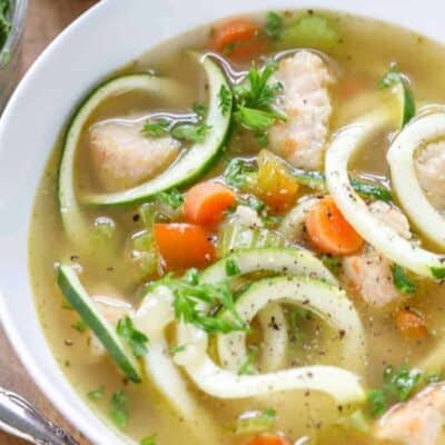 a bowl of low carb chicken soup with zoodles