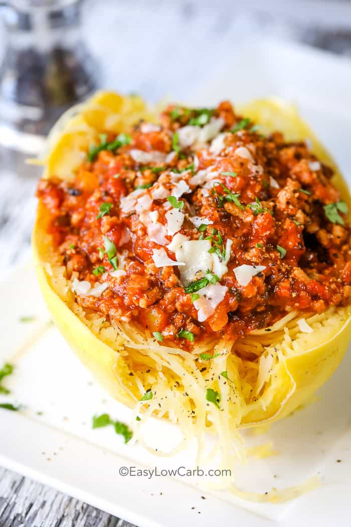 angle of Low Carb Meat Sauce over Spaghetti Squash