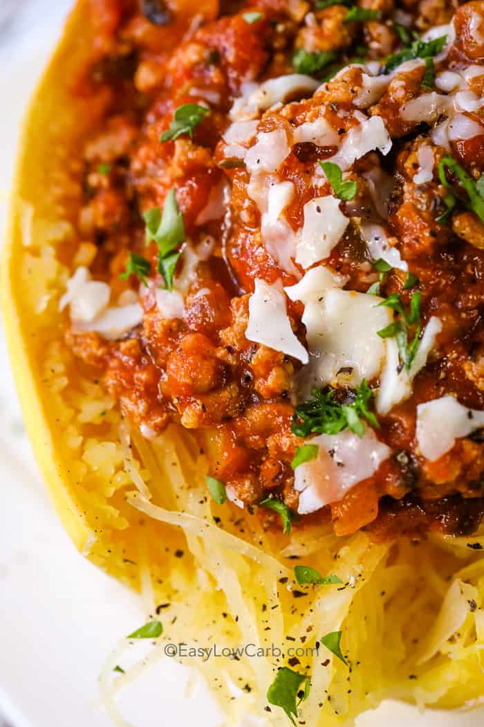 closeup of Low Carb Meat Sauce over Spaghetti Squash