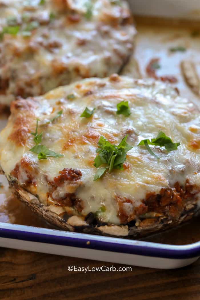 Lasagna Stuffed Mushrooms in a baking tray