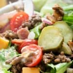 Bacon Cheeseburger Salad closeup with text