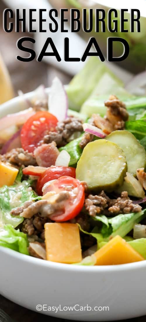 Bacon Cheeseburger Salad closeup with text