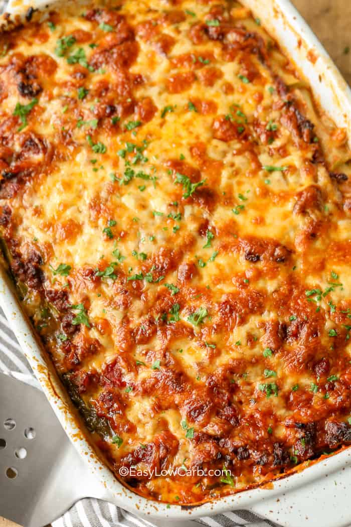 overhead of Low Carb Zucchini Lasagna in a baking dish