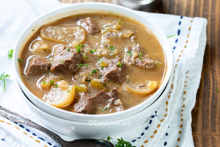 Beef Soup with Radishes in a white bowl