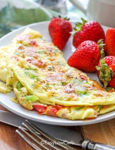 Denver Omlette on a plate with strawberries