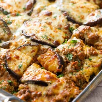 Low Carb Egg Plant Lasagna in a baking dish