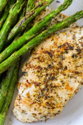 overhead of Low Carb Roasted Chicken Breast with asparagus