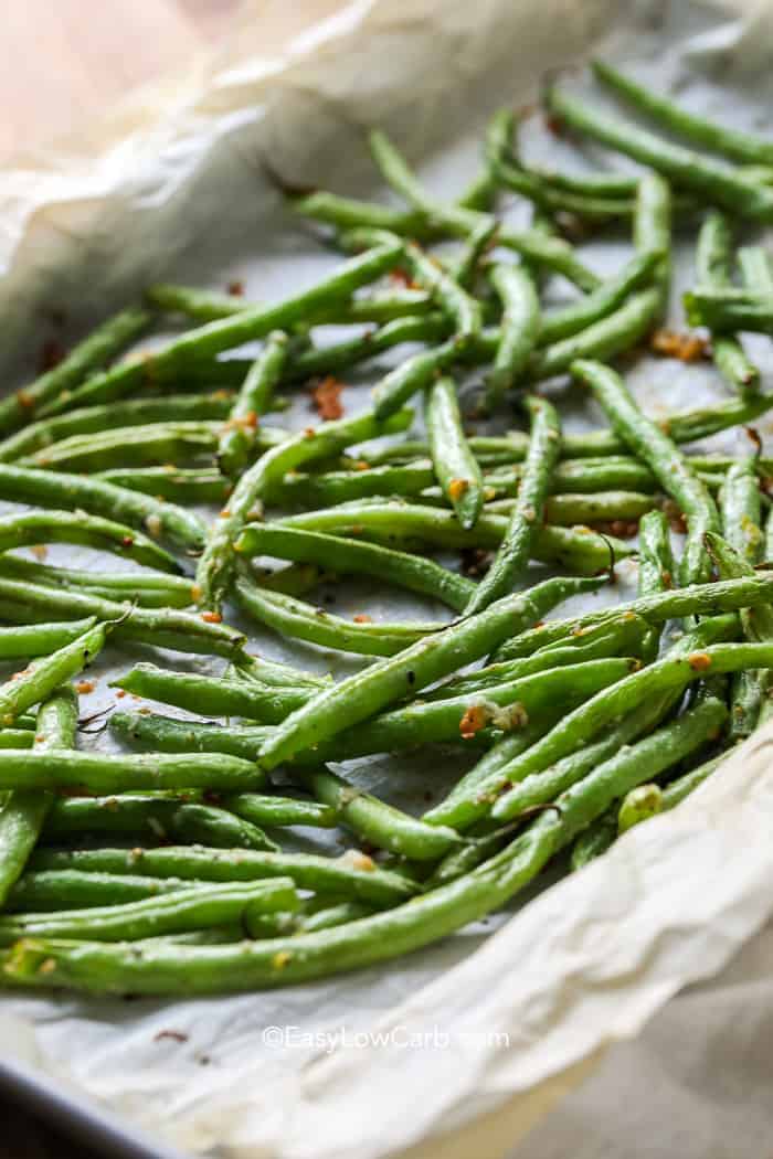 Low Carb Roasted Green Beans on parchment