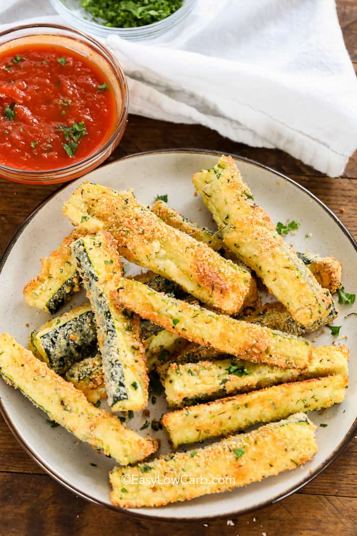 overhead of Low Carb Zucchini Fries on a plate