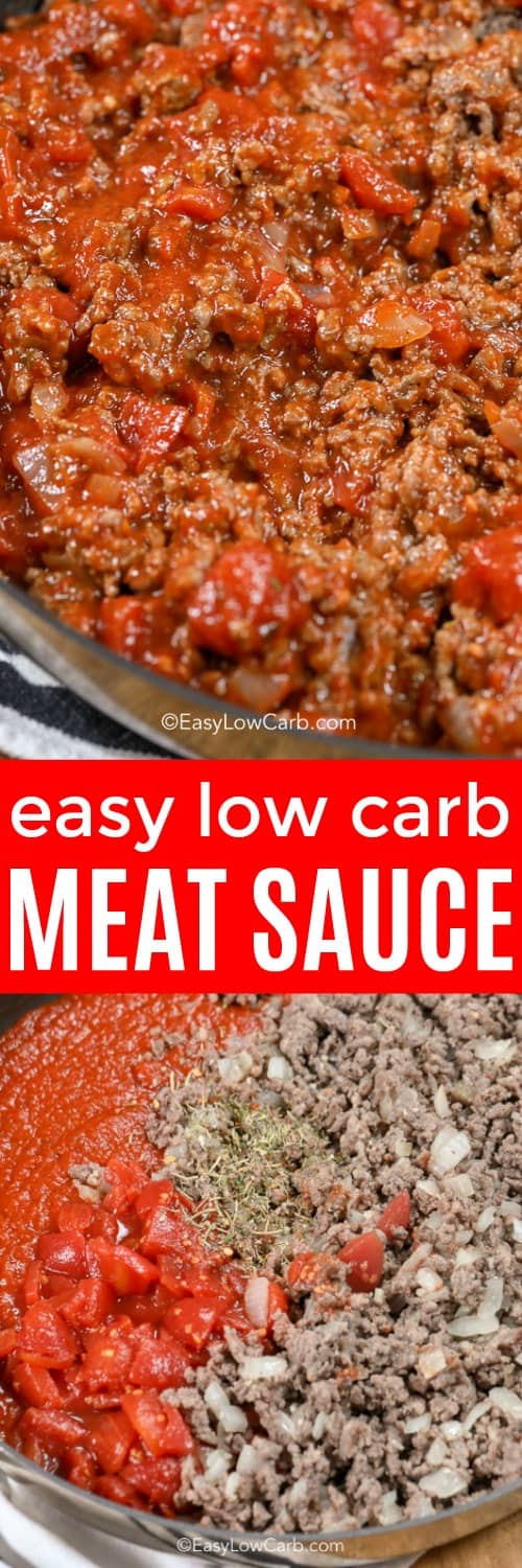 low carb meat sauce in a skillet, and ingredients for meat sauce