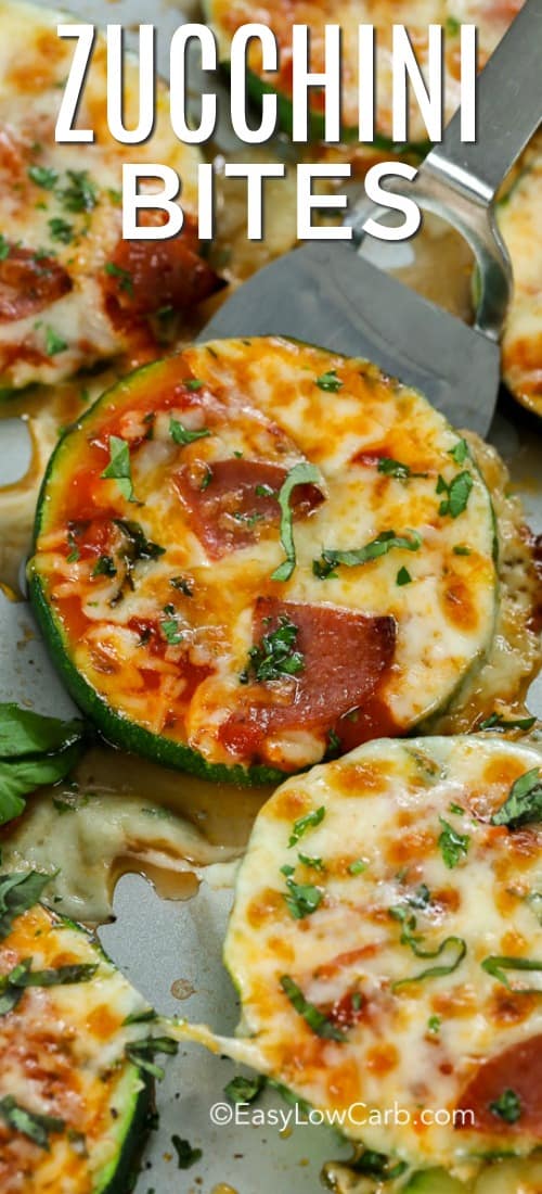 overhead of serving Zucchini Pizza Bites with text