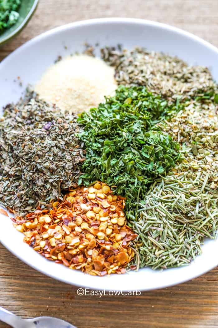 overhead of Taco Seasoning ingredients in a white bowl