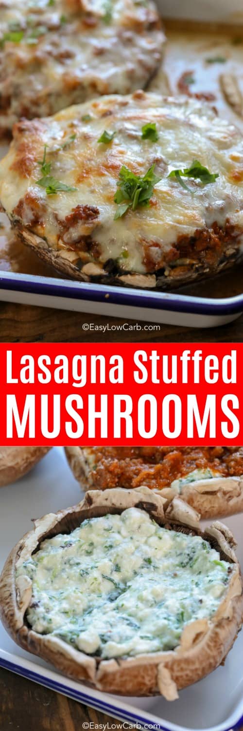 baked Lasagna stuffed mushrooms garnished with parsley, a stuffed mushroom ready for the oven