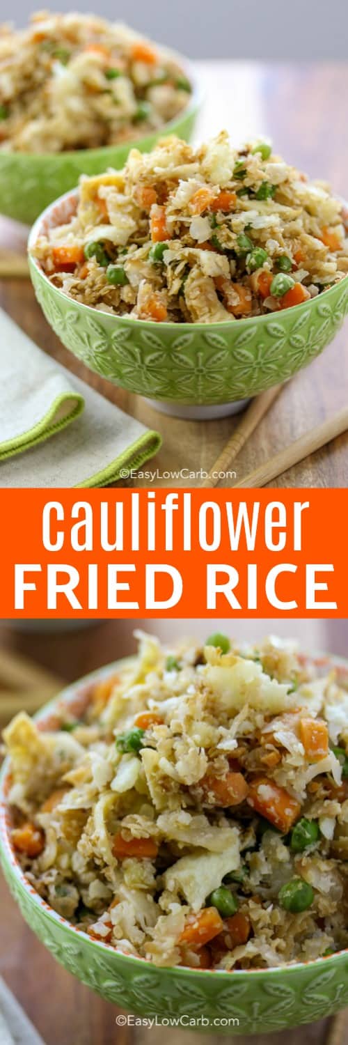Cauliflower Fried Rice in a dish, and a closeup of cauliflower fried rice in a dish