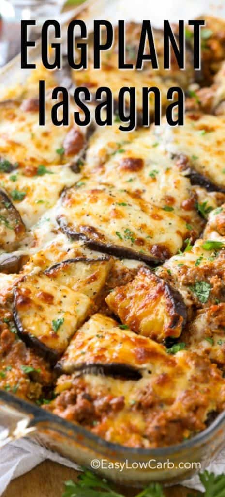 This easy eggplant lasagna will satisfy the heartiest of eaters while accommodating the more low-carb crowd. #easylowcarb #eggplantlasagna #easyrecipe #lowcarb #healthy #eggplant #maincourse Perfectly browned eggplant lasagna in a clear baking dish and cut into serving sized pieces