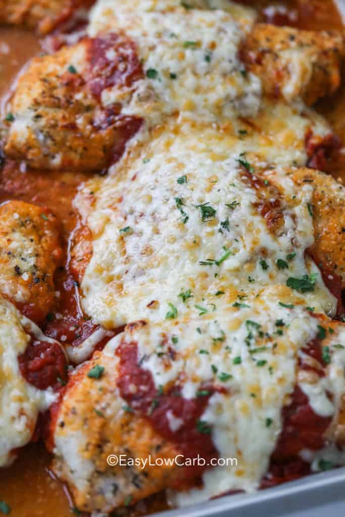 Low carb chicken Parmesan on a baking tray