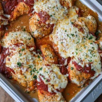 Low Carb Chicken Parmesan on a baking tray