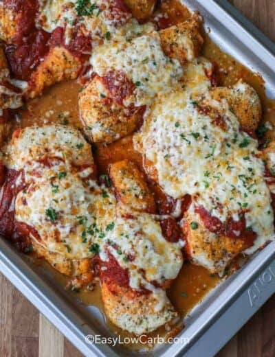 Low Carb Chicken Parmesan on a baking tray