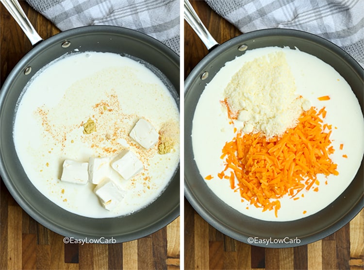 two process shots for making keto cheese sauce, ingredients in a skillet, with added ingredients in next skillet