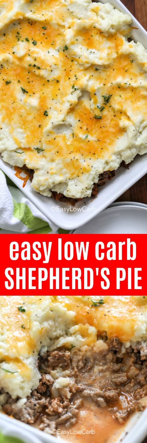 overhead of baked low carb Shepherd's Pie, shepherd's pie with a piece of out it