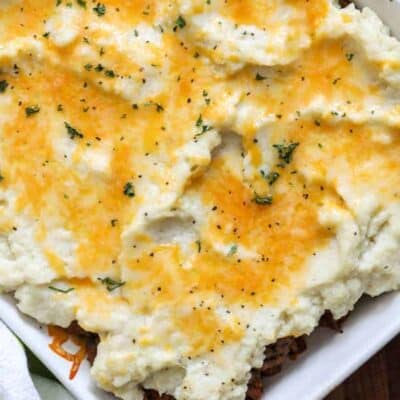 overhead of Low Carb Shepherds Pie in a white baking dish
