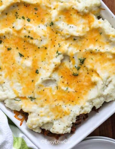 overhead of Low Carb Shepherds Pie in a white baking dish
