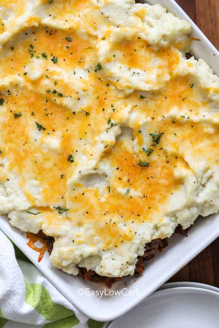 overhead of Low Carb Shepherds Pie in a white baking dish