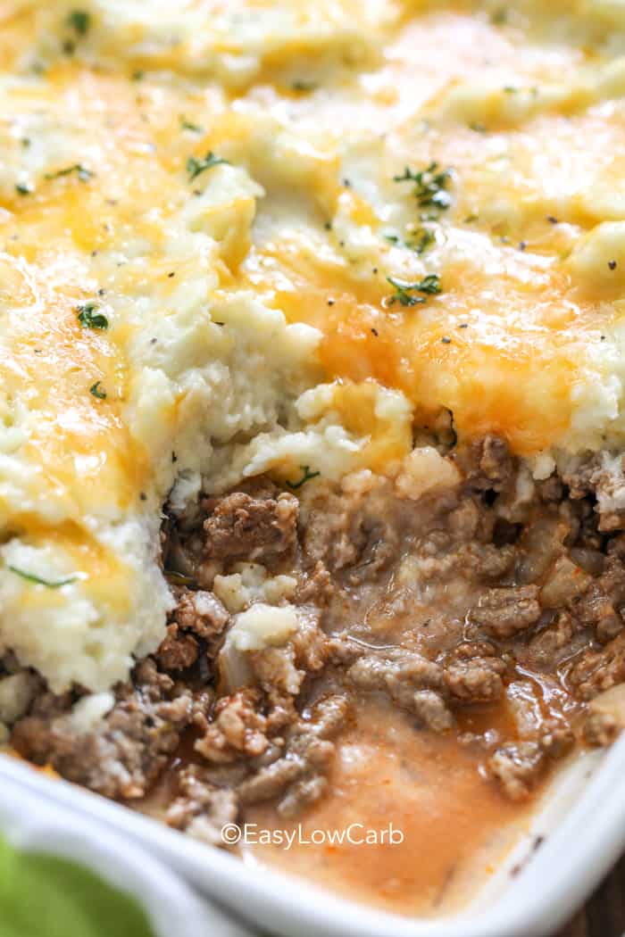 Low Carb Shepherds Pie dish with a piece out of it