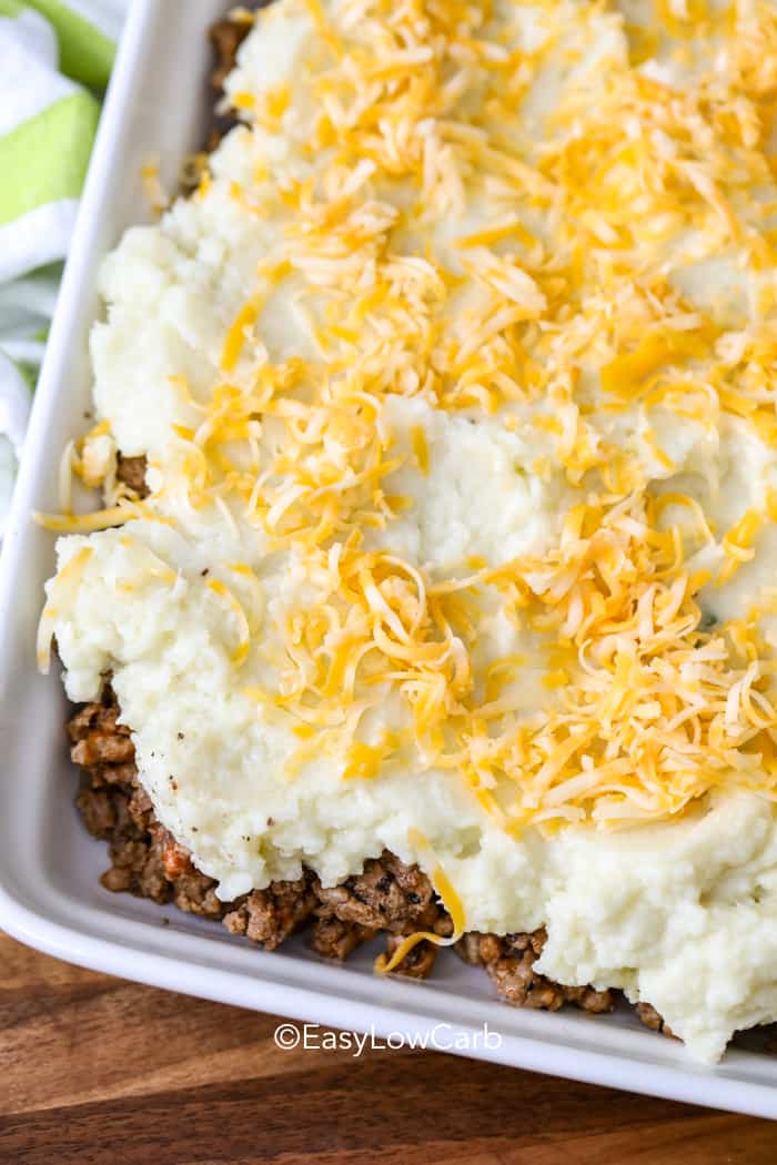 unbaked low carb shepherd's pie in a baking dish