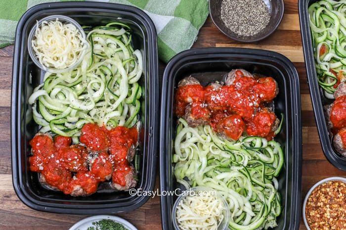 Containers with Zoodle Spaghetti and Meatballs