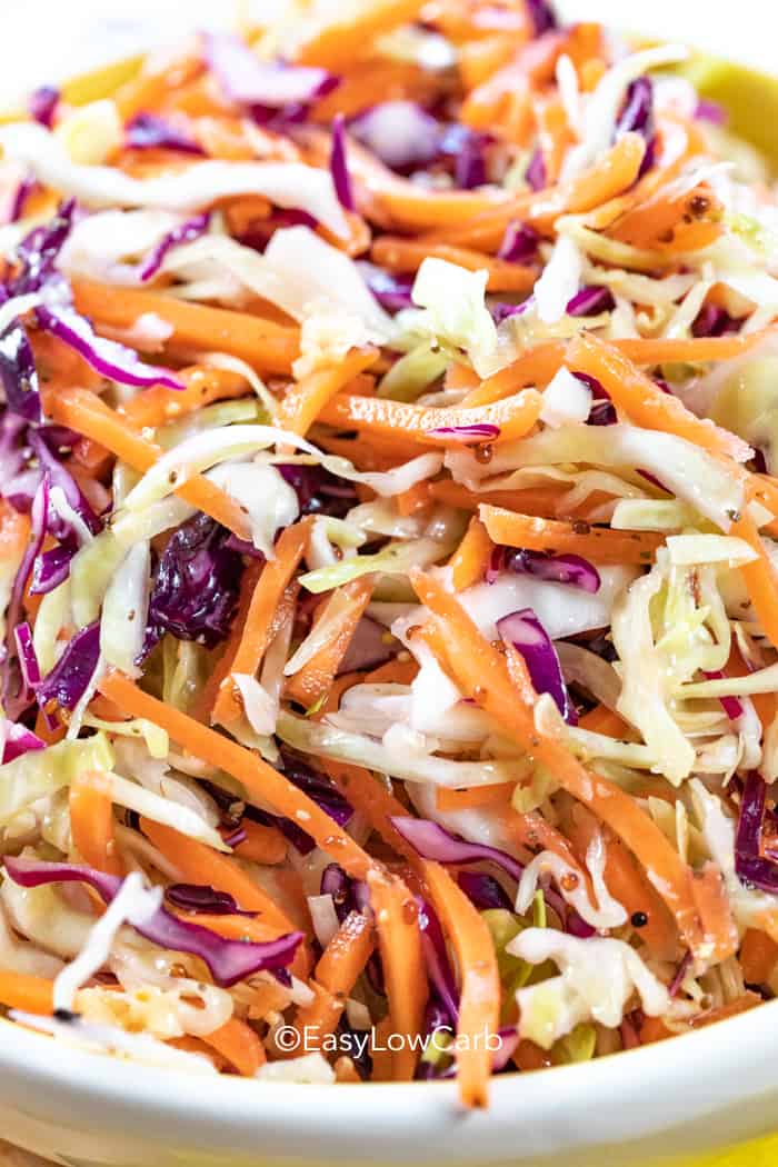 closeup of coleslaw showing cabbages and carrots