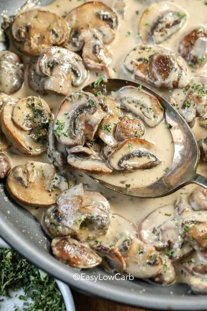 Dijon Mushroom Cream Sauce on a serving spoon