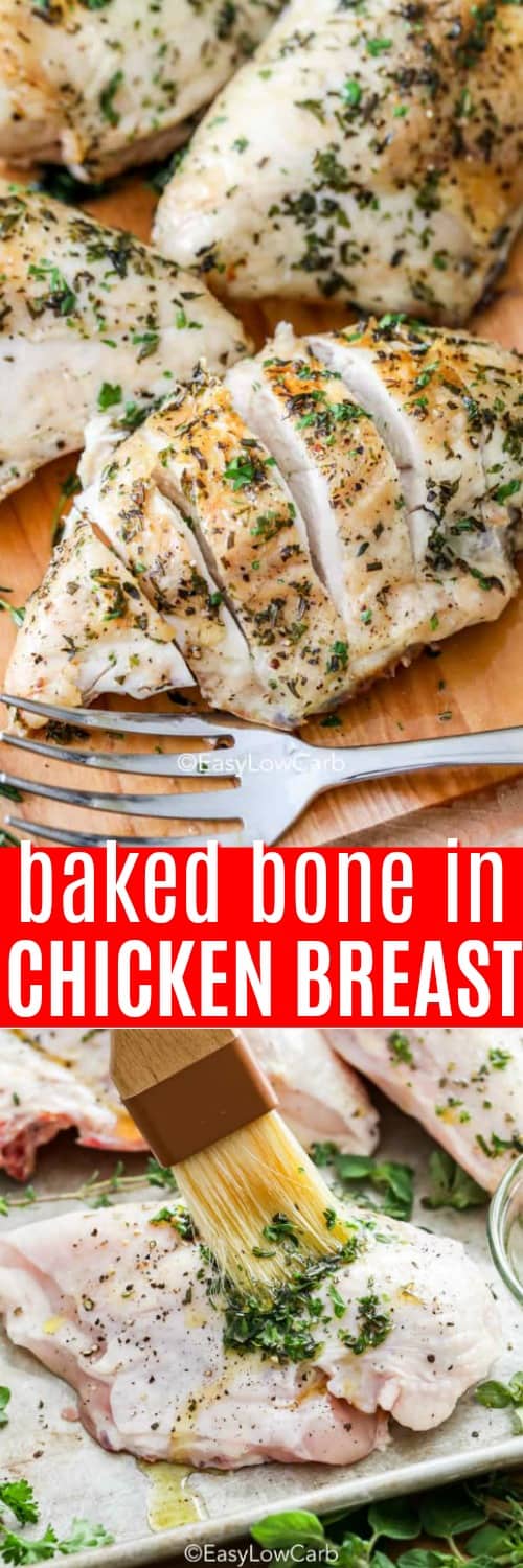 slices of Baked Bone In Chicken Breast, unbaked breast being bushed with herbs