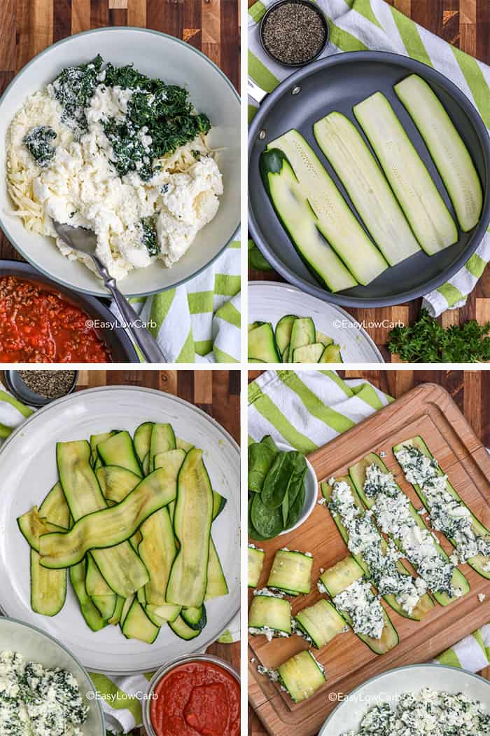 4 images showing steps to making the zucchini rollups, ingredients, zucchini strips cooking, laid out strips with filling