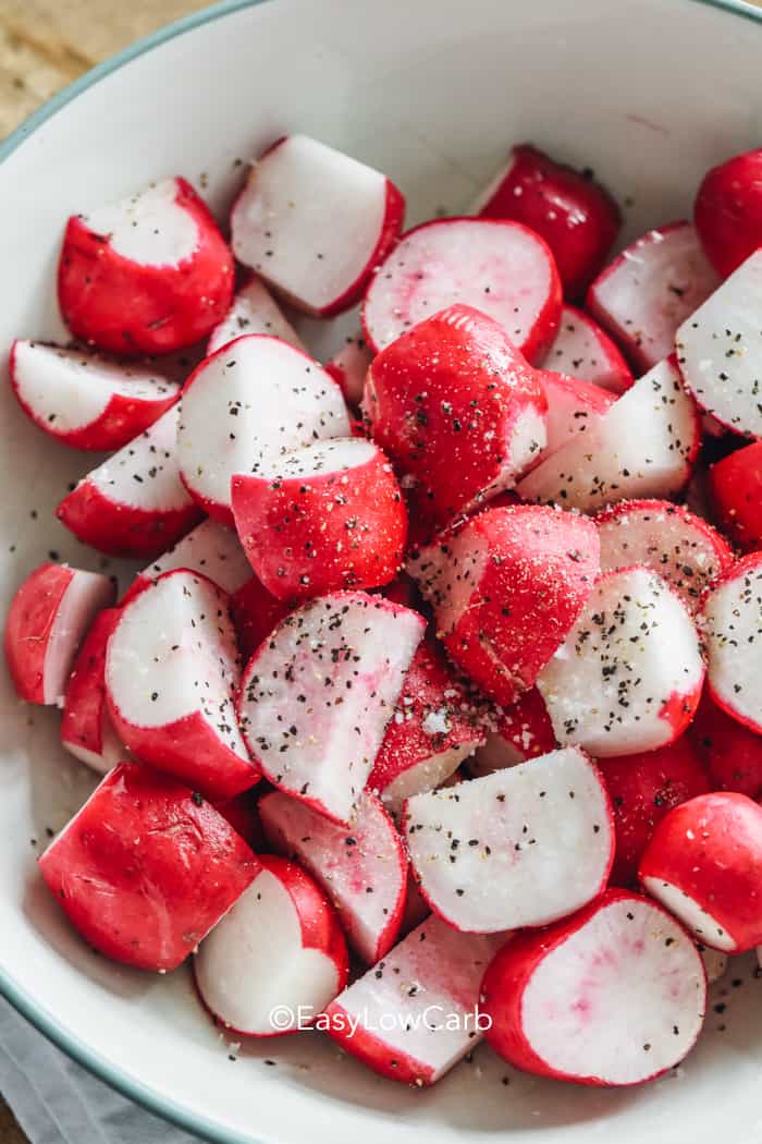 prepping radishes for radish salad