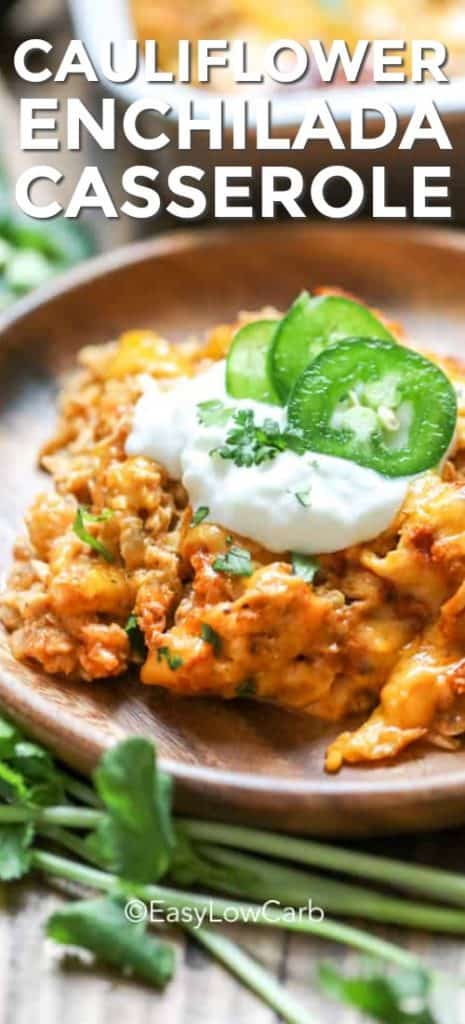 Cauliflower Enchilada Casserole topped with sour cream and jalapenos