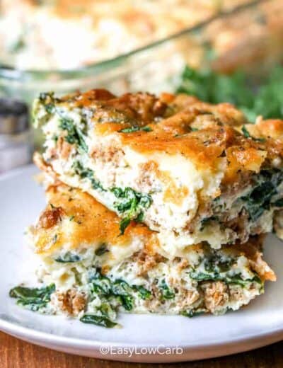 a slice of Spinach Cheese Egg Bake on a white plate