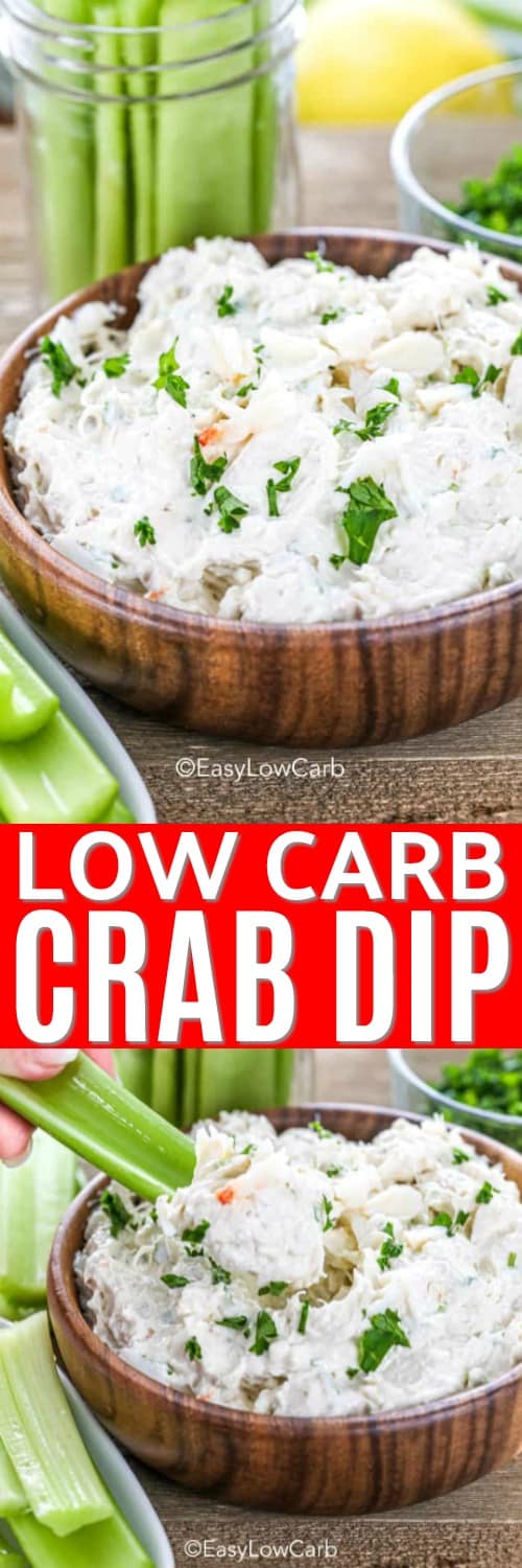 low carb crab dip in a wood bowl, and scooping low carb crab dip with celery