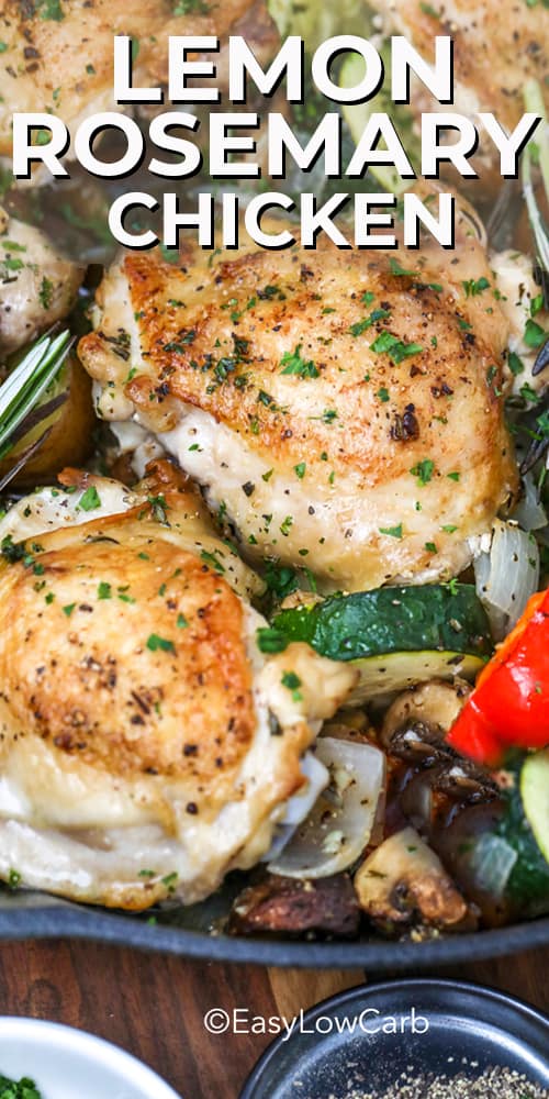 Lemon Rosemary Chicken with veggies in a skillet closeup