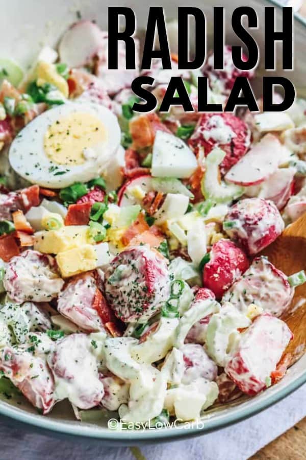 overhead of radish salad in a bowl