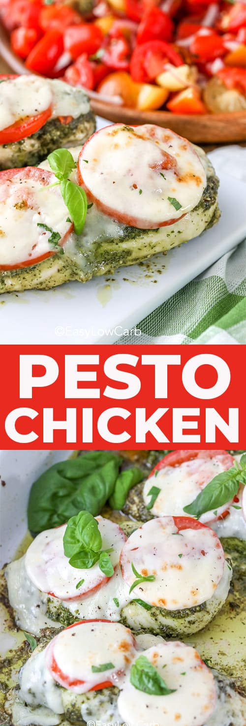 Pesto Chicken with tomatoes and cheese on a board and in the pan